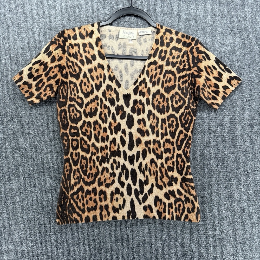 Neiman Marcus Sweater Womens S Cashmere Leopard Print Short Sleeve Fitted Mob